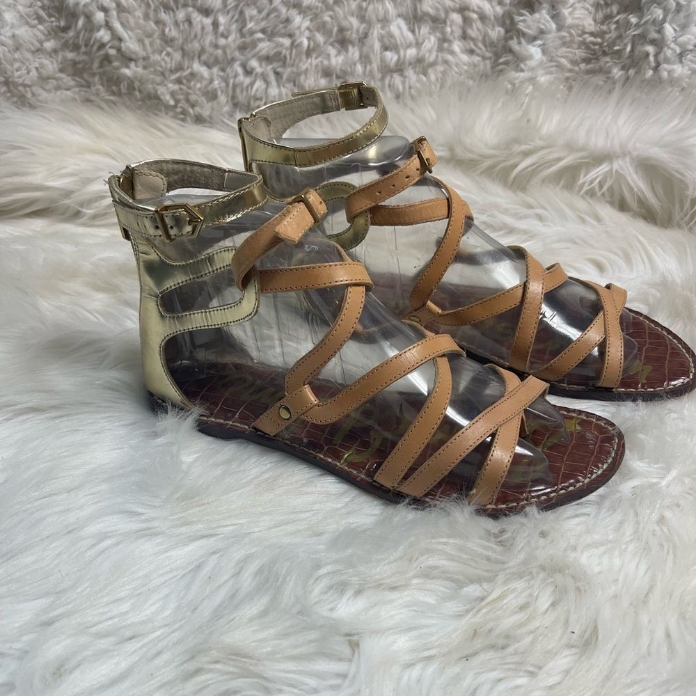 Sam Edelman Glenda leather tan and Gold strappy thong ankle strap size 9